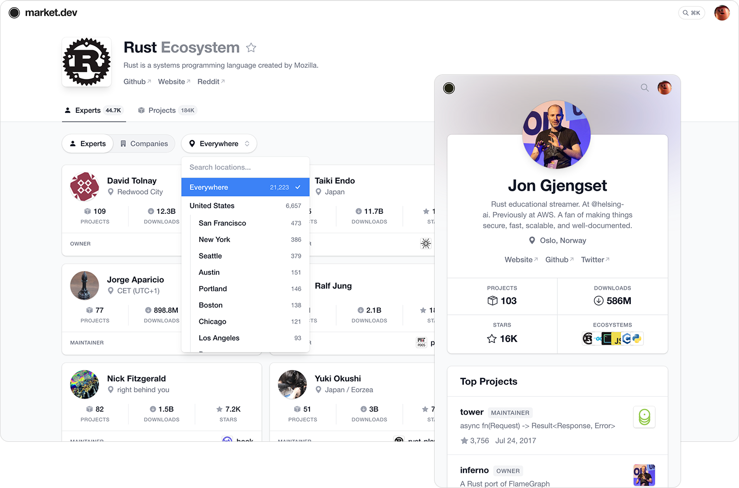 Rust ecosystem page showing experts with location filter open and an expert detail view