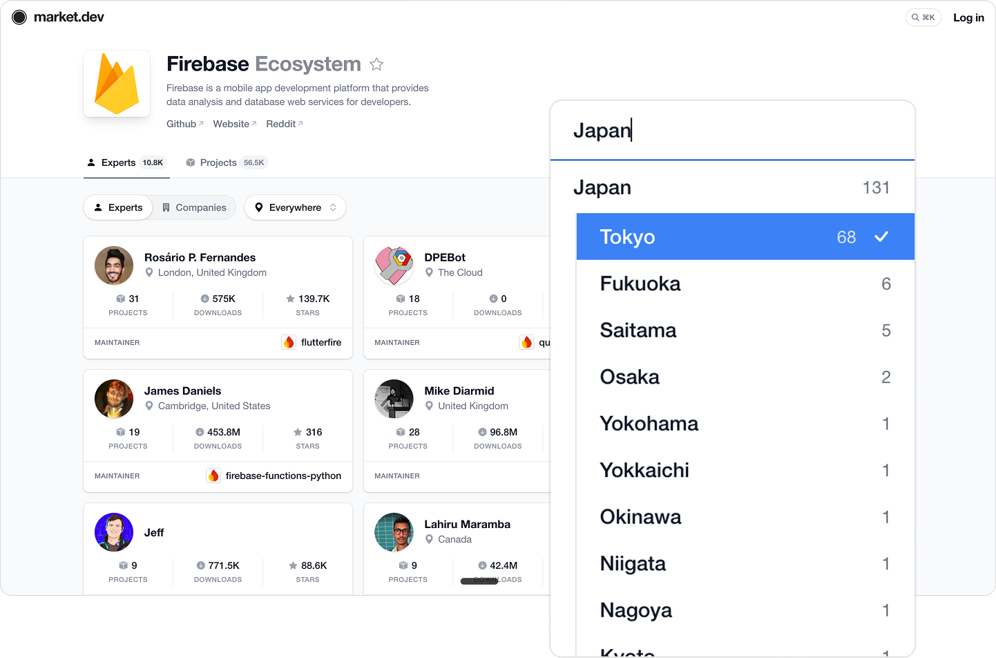 A Firebase ecosystem with an emphasized search filter dropdown showing results for Japan, with Tokyo selected. 