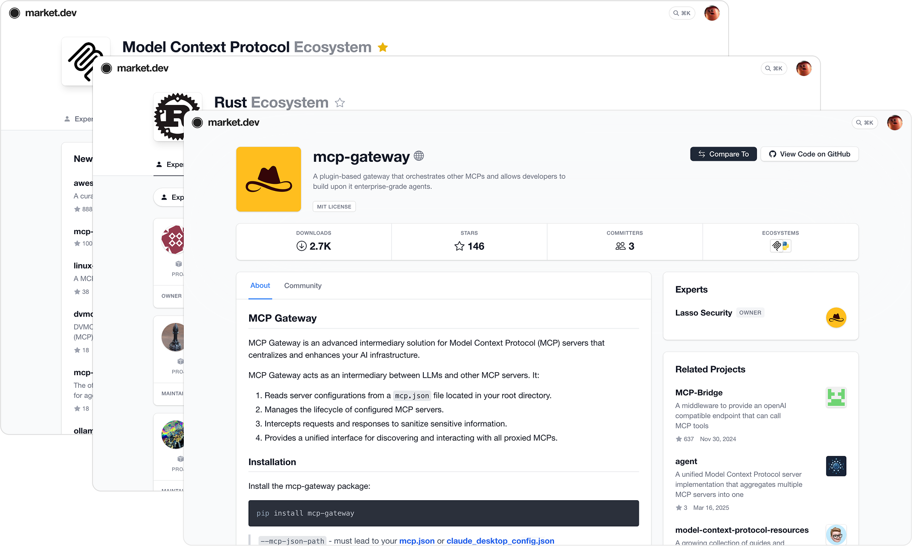 Overlapping windows of the model context protocol ecosystem page, rust ecosystem page, and a project page