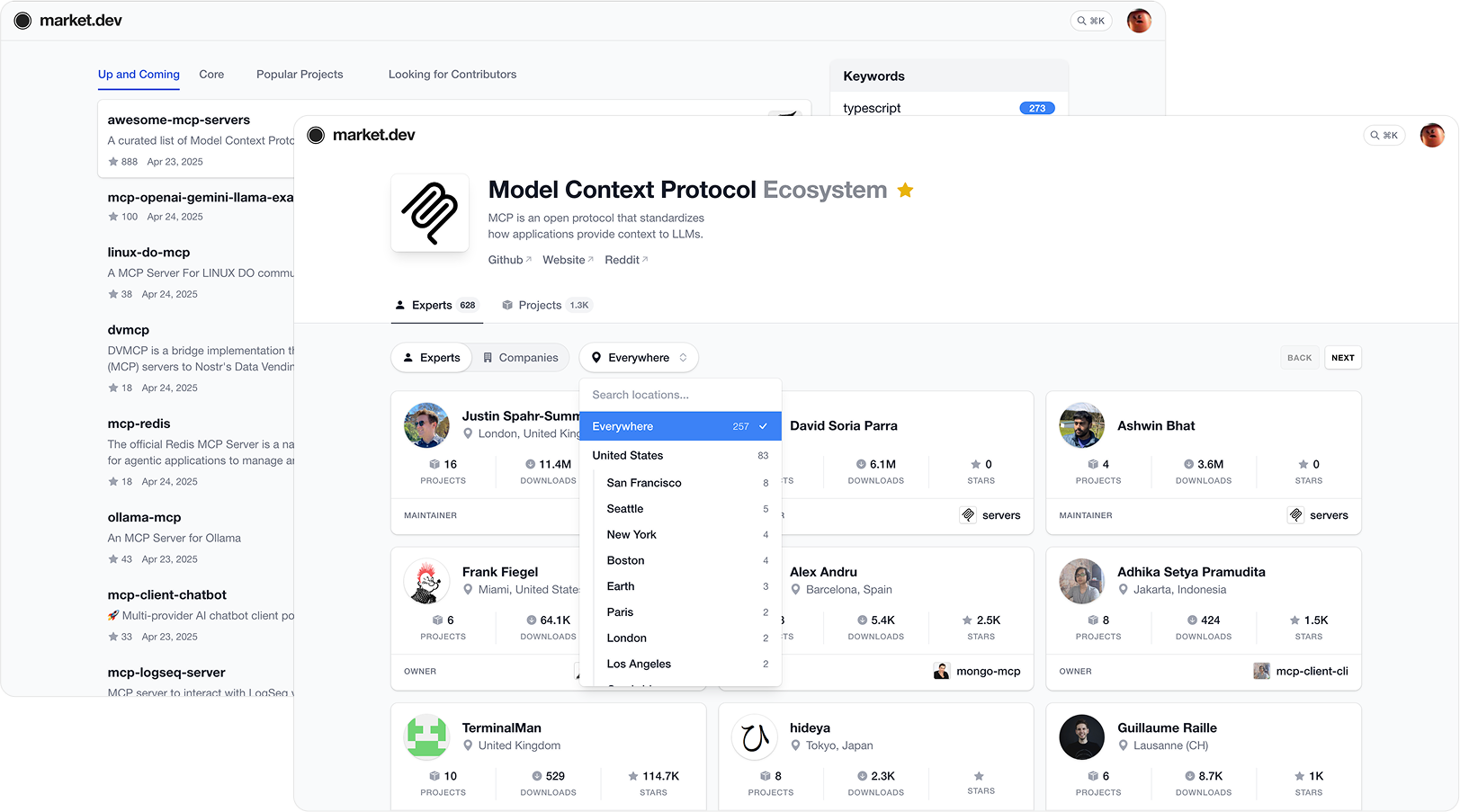 product screenshots of up & comping projects list and the experts list for the Model Context Protocol ecosystem with the location filter dropwdown open