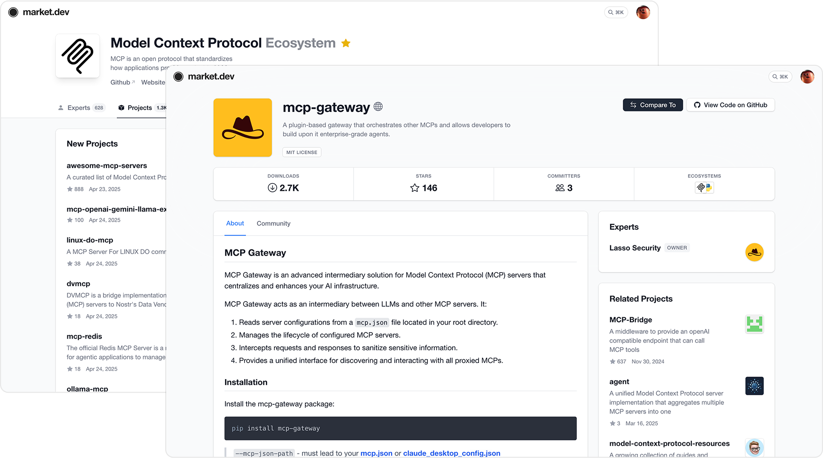 Screenshots of model context protocol new projects list and a detailed view on an up & coming project